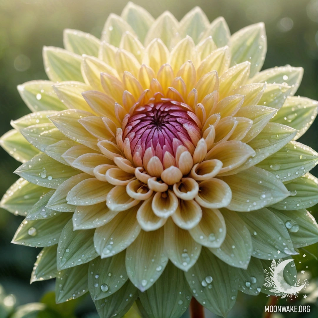 A romantic dahlia adorned with dew drops under sunny rays, set against a green background, with Japanese calligraphy.