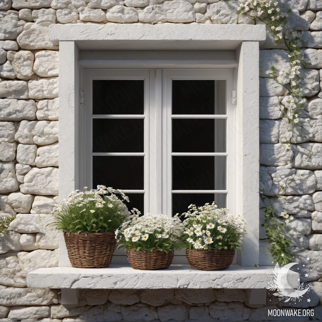 A photorealistic image of a white stone wall with an open window and a basket of daisies on the windowsill.