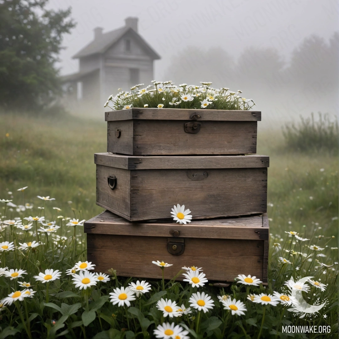 Two shabby wooden boxes stacked with daisies on top, surrounded by dense fog.