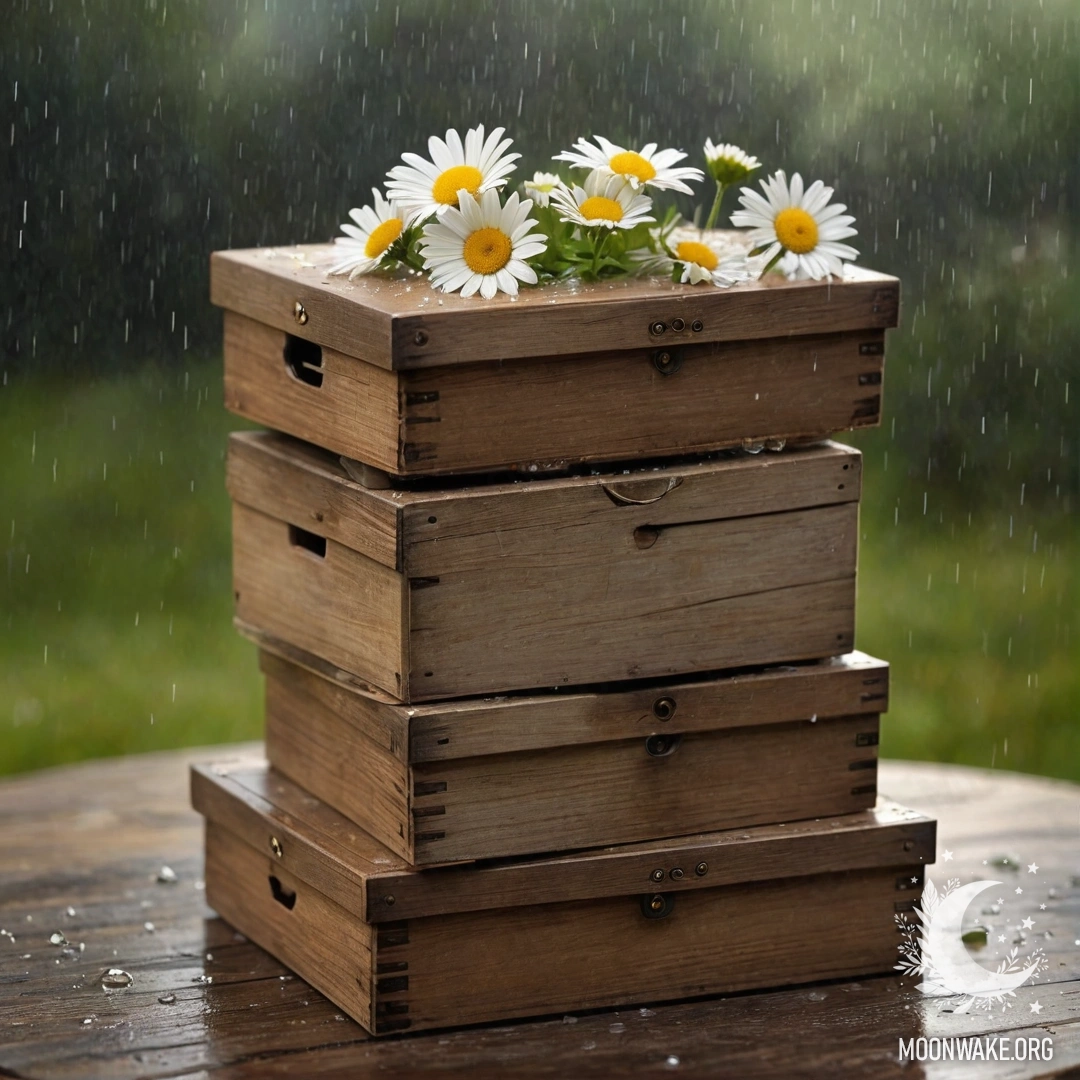 Two shabby wooden boxes stacked with daisies on top, under the rain.