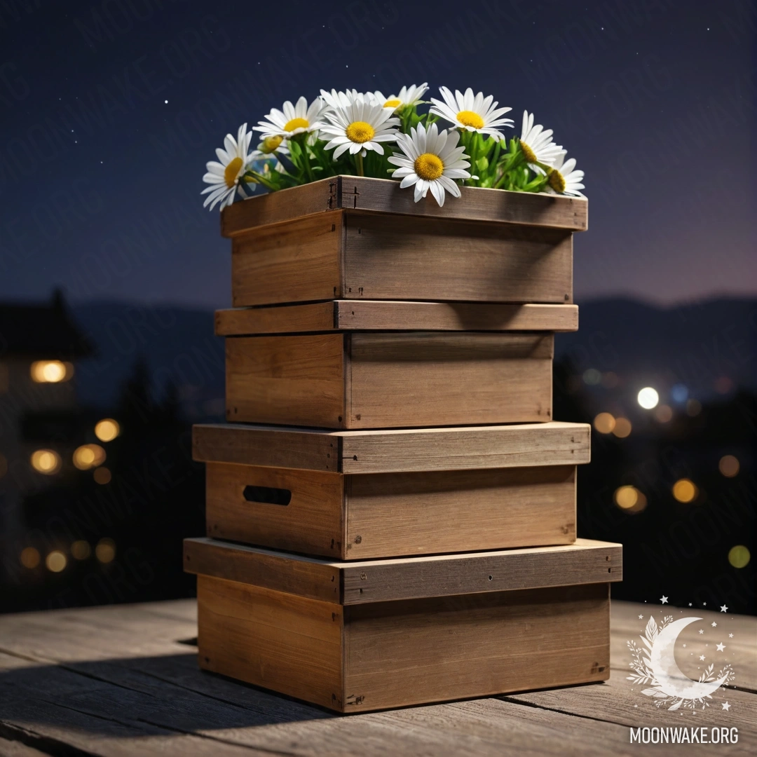 A stack of shabby wooden boxes adorned with daisies at night.