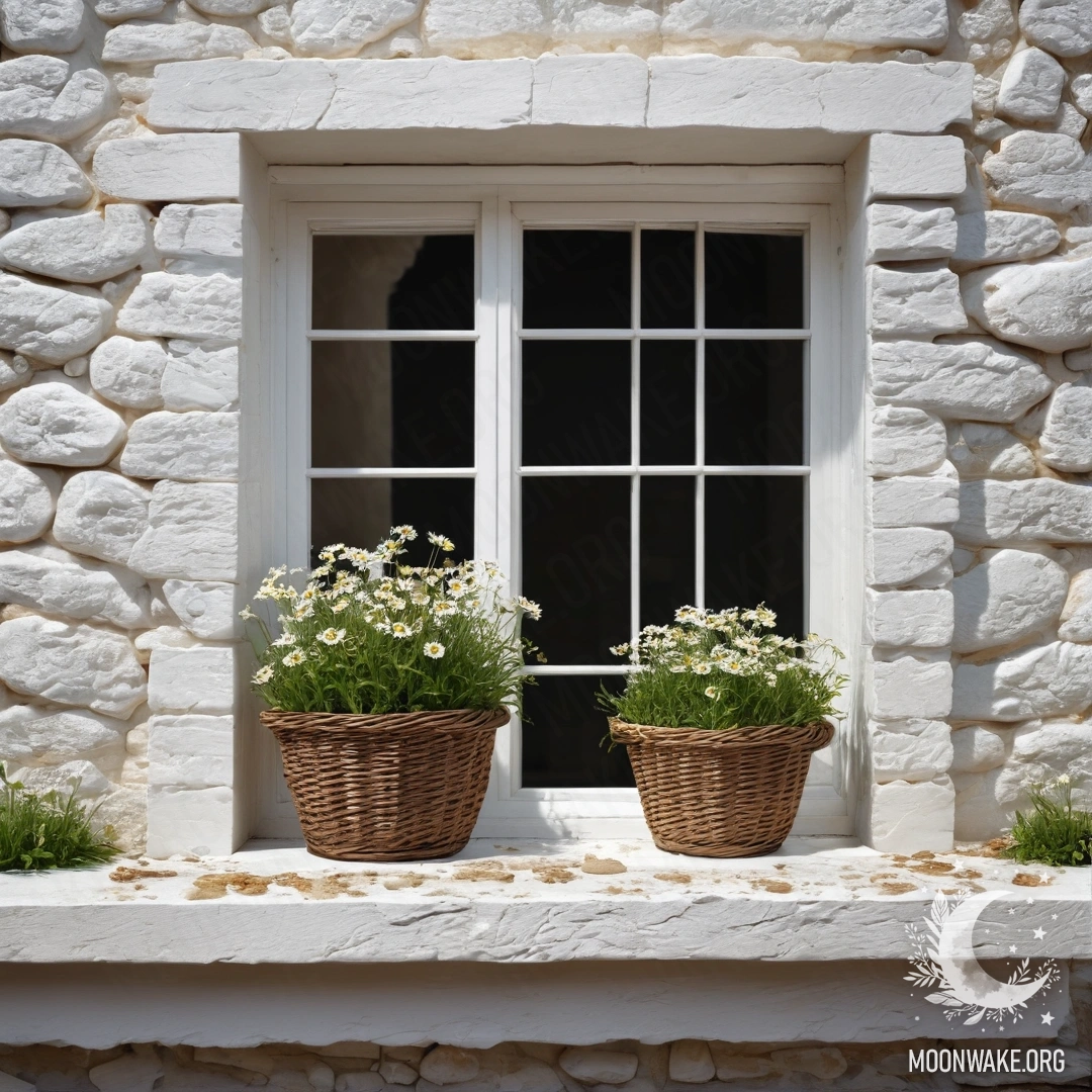 A white stone wall with an open window and a basket of daisies on the sill.