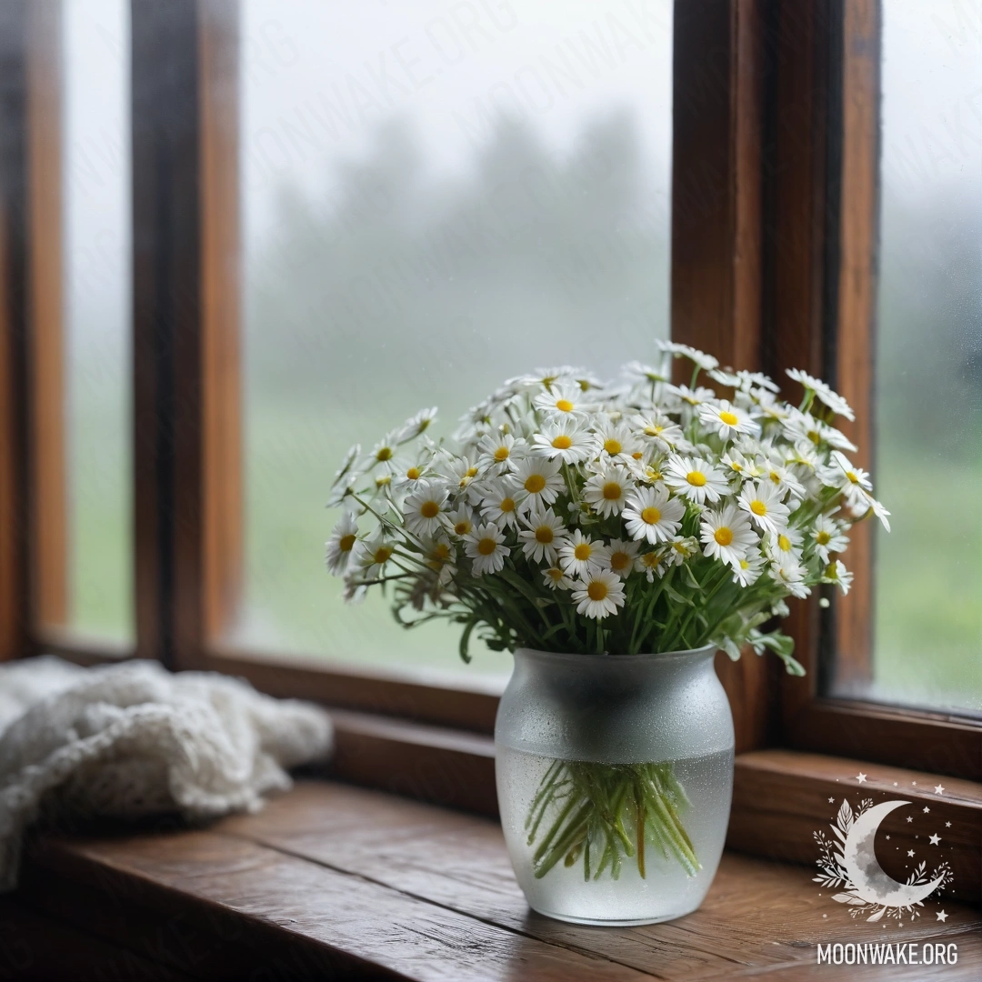 A glass vase holding daisies on a vintage windowsill surrounded by dense fog.