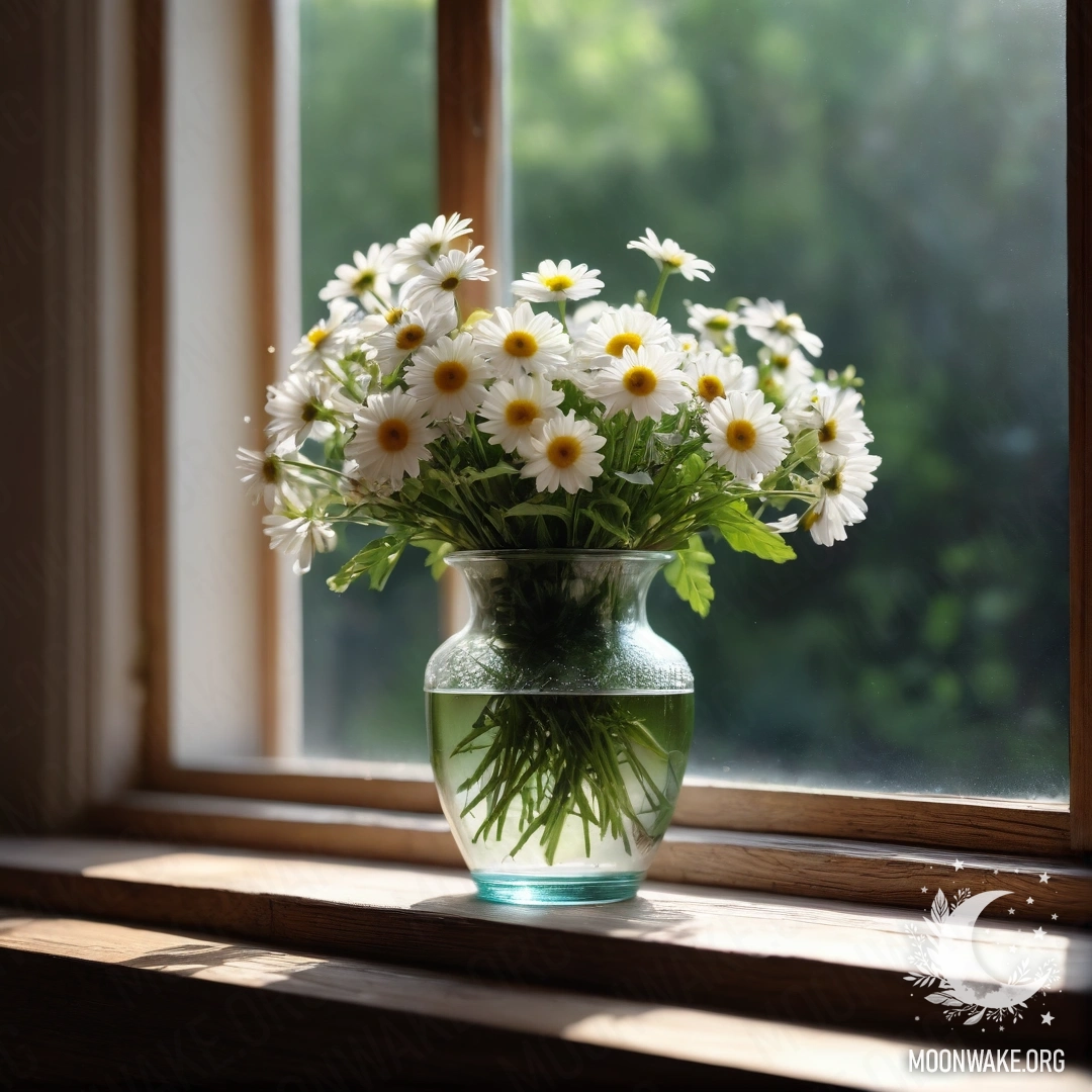 A glass vase with daisies sits on a wooden vintage windowsill adorned with garland lights.