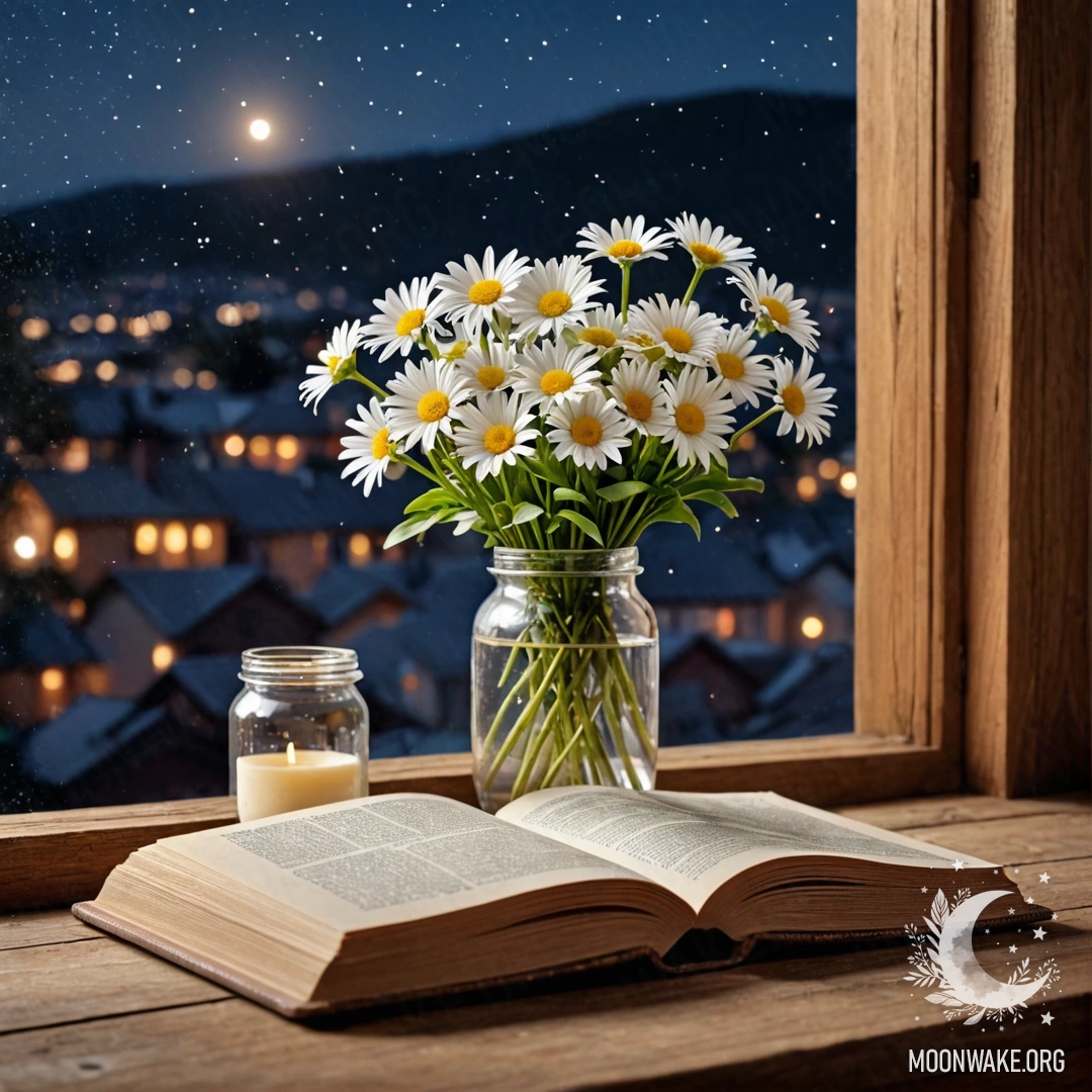 A whimsical arrangement featuring a jar with daisies and an open book on a shabby wooden windowsill at night.