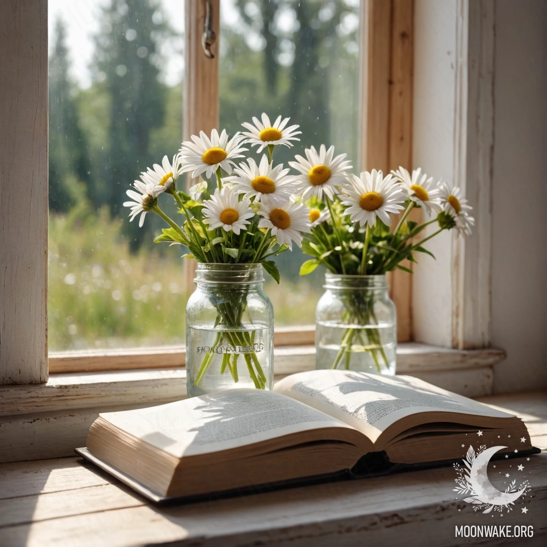 A jar of daisies and an open book on a shabby wooden windowsill, illuminated by sunlight.