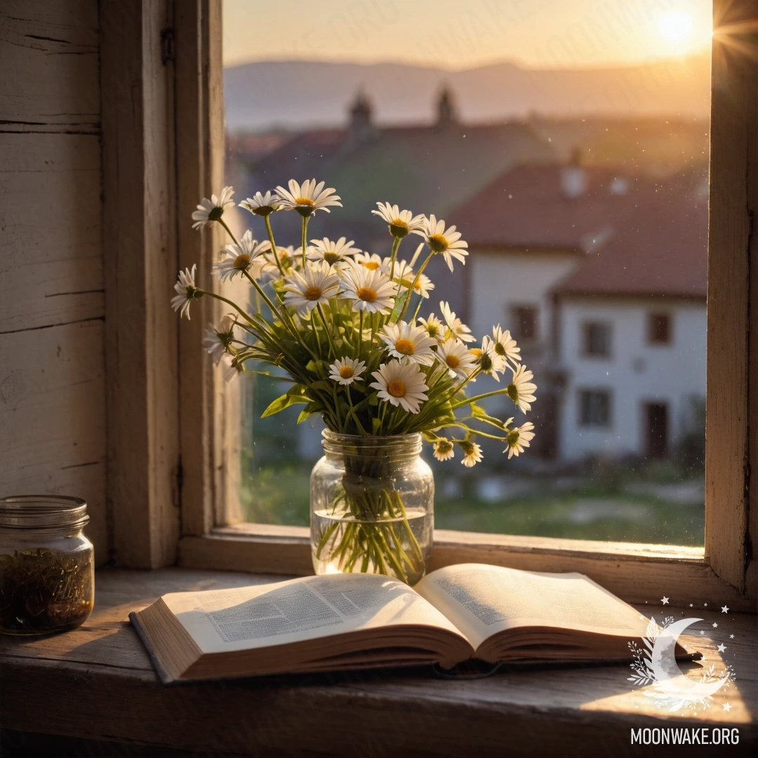 A shabby wooden windowsill with a jar of daisies and an open book at sunset.