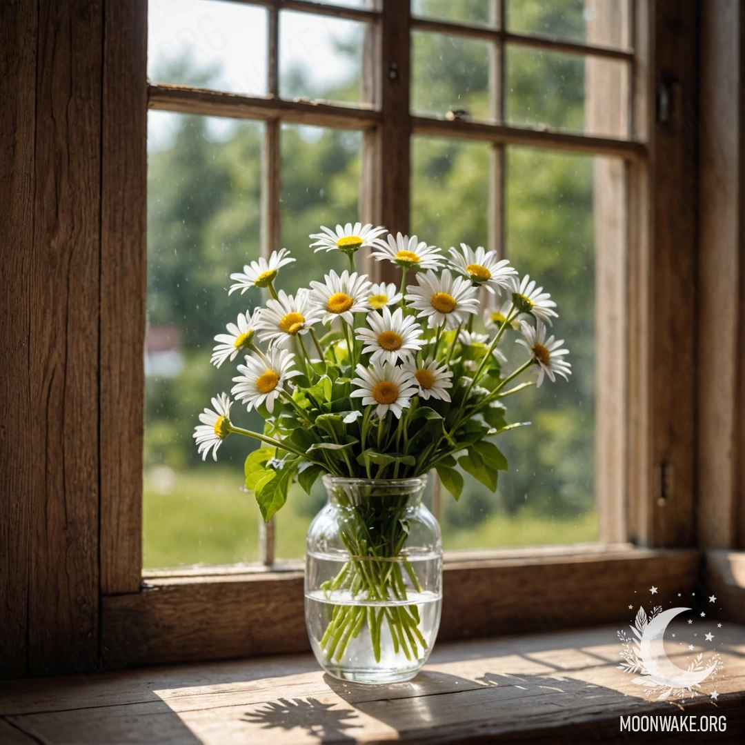 A glass vase filled with daisies placed on a vintage wooden windowsill, illuminated by soft garland lights.