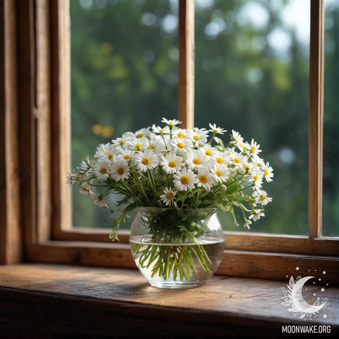 A glass vase with daisies on a vintage wooden windowsill, adorned with garland lights.