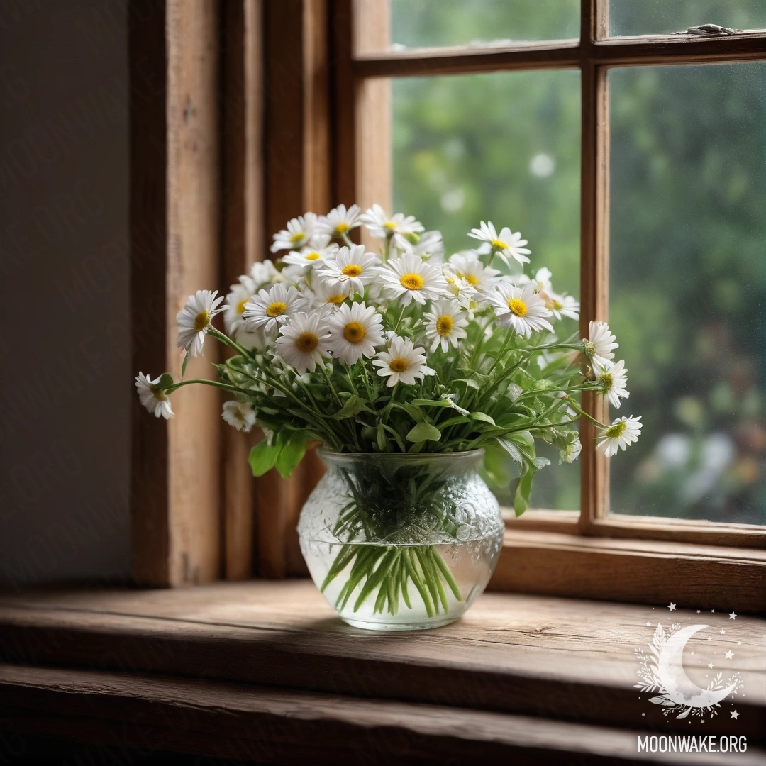 A glass vase with daisies placed on a wooden vintage windowsill illuminated by a garland light.