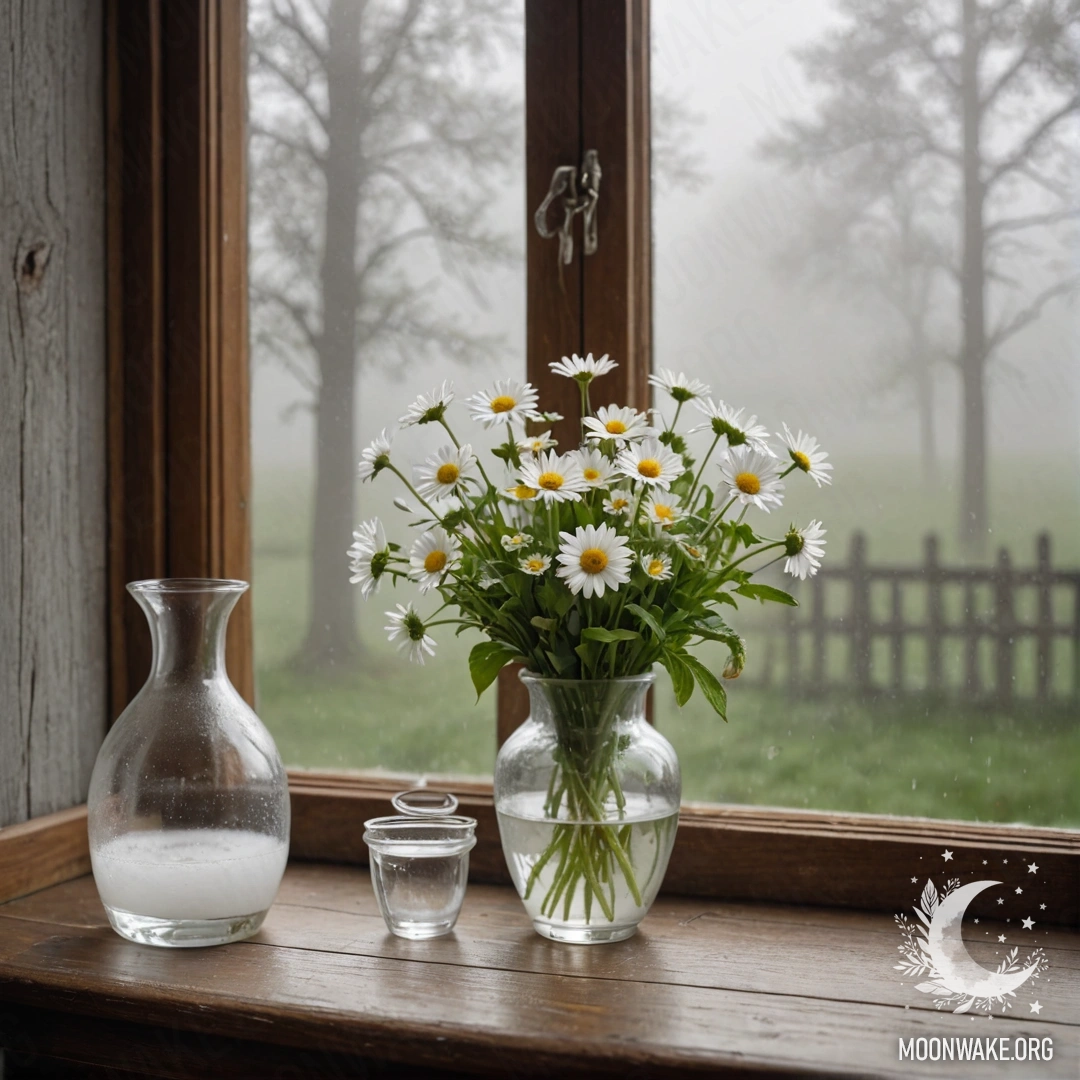 A glass vase filled with daisies sits on a wooden vintage windowsill in a dense fog.