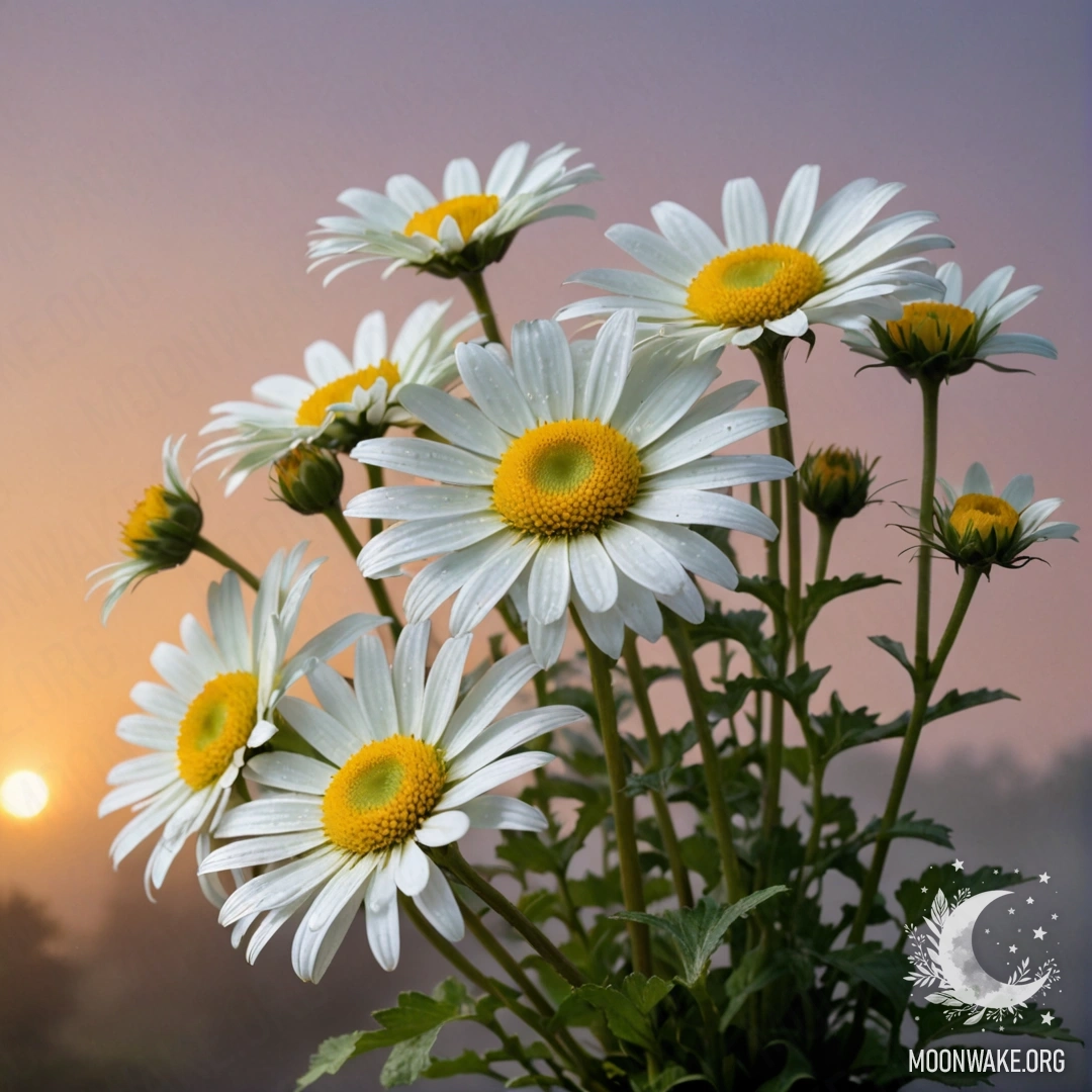 A delicate bouquet of daisies surrounded by mist at sunset, with mint-colored accents and Japanese calligraphy.