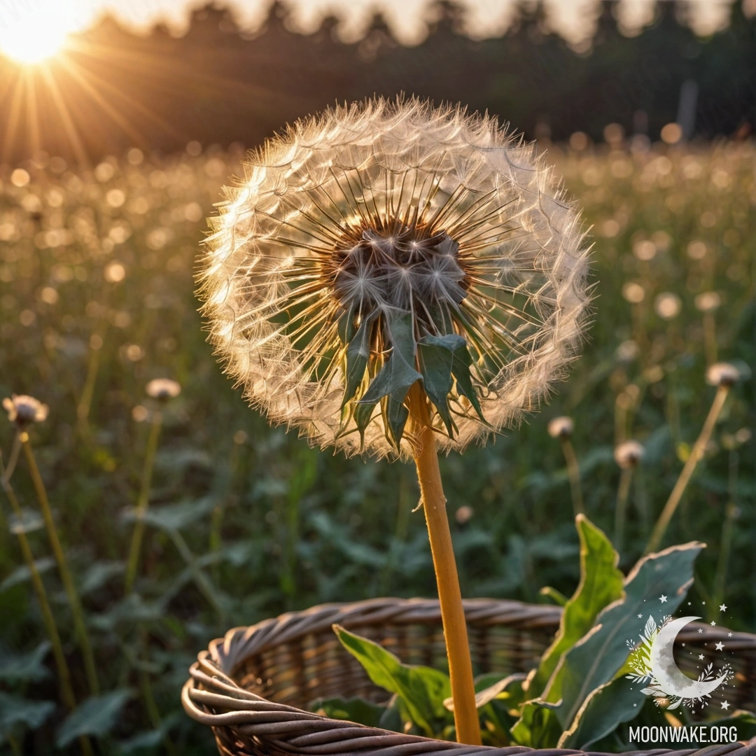 Romantic Dandelion Basket at Sunset A basket filled with dandelions against a sunset backdrop.