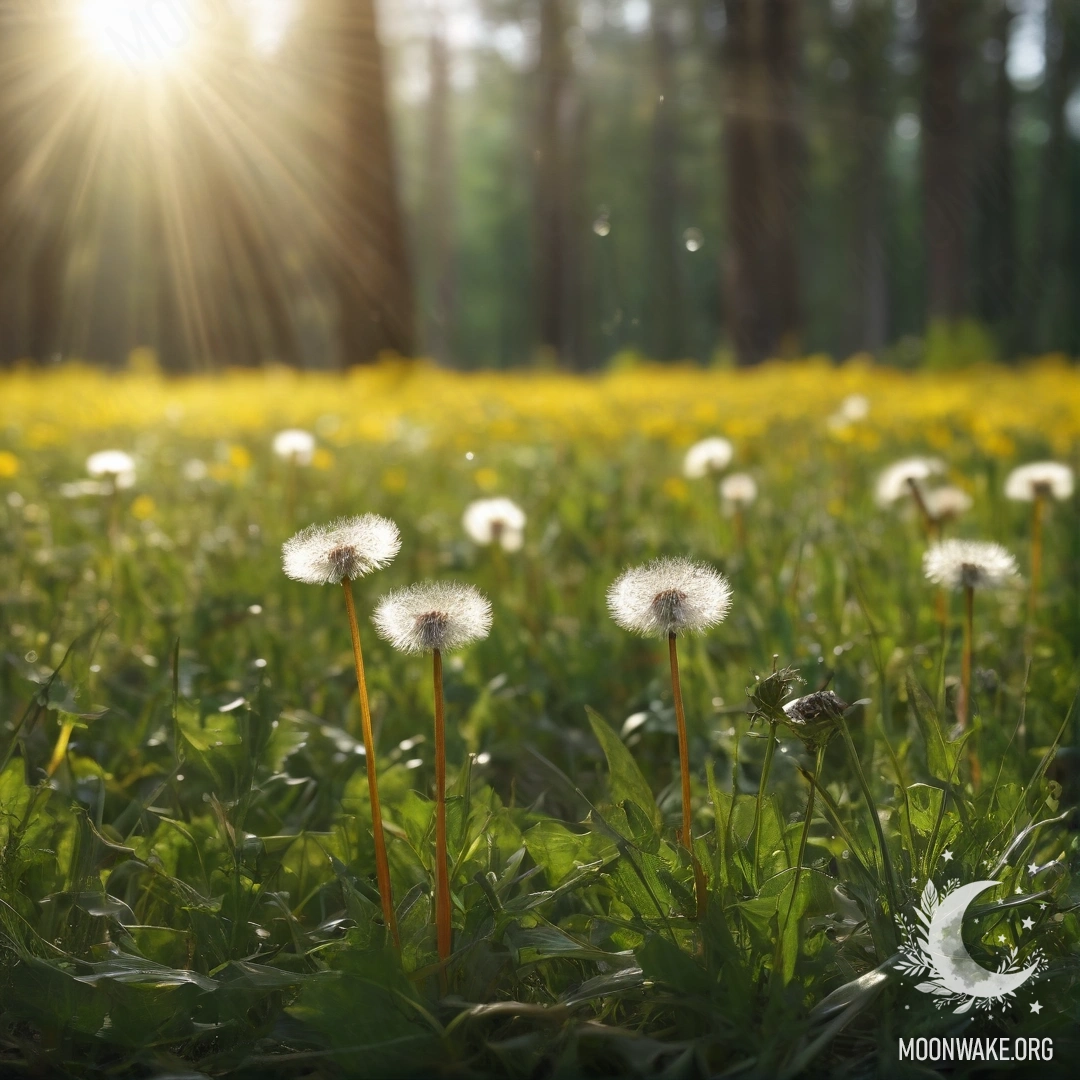 A close-up of dandelions in a romantic field with blurred forest background and sun rays.