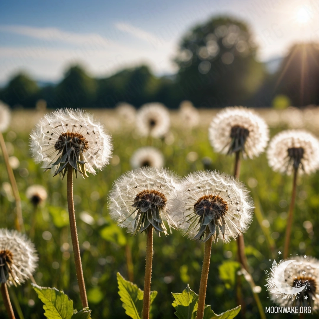 Close up of dandelions in a sunny field against a bokeh sky.
