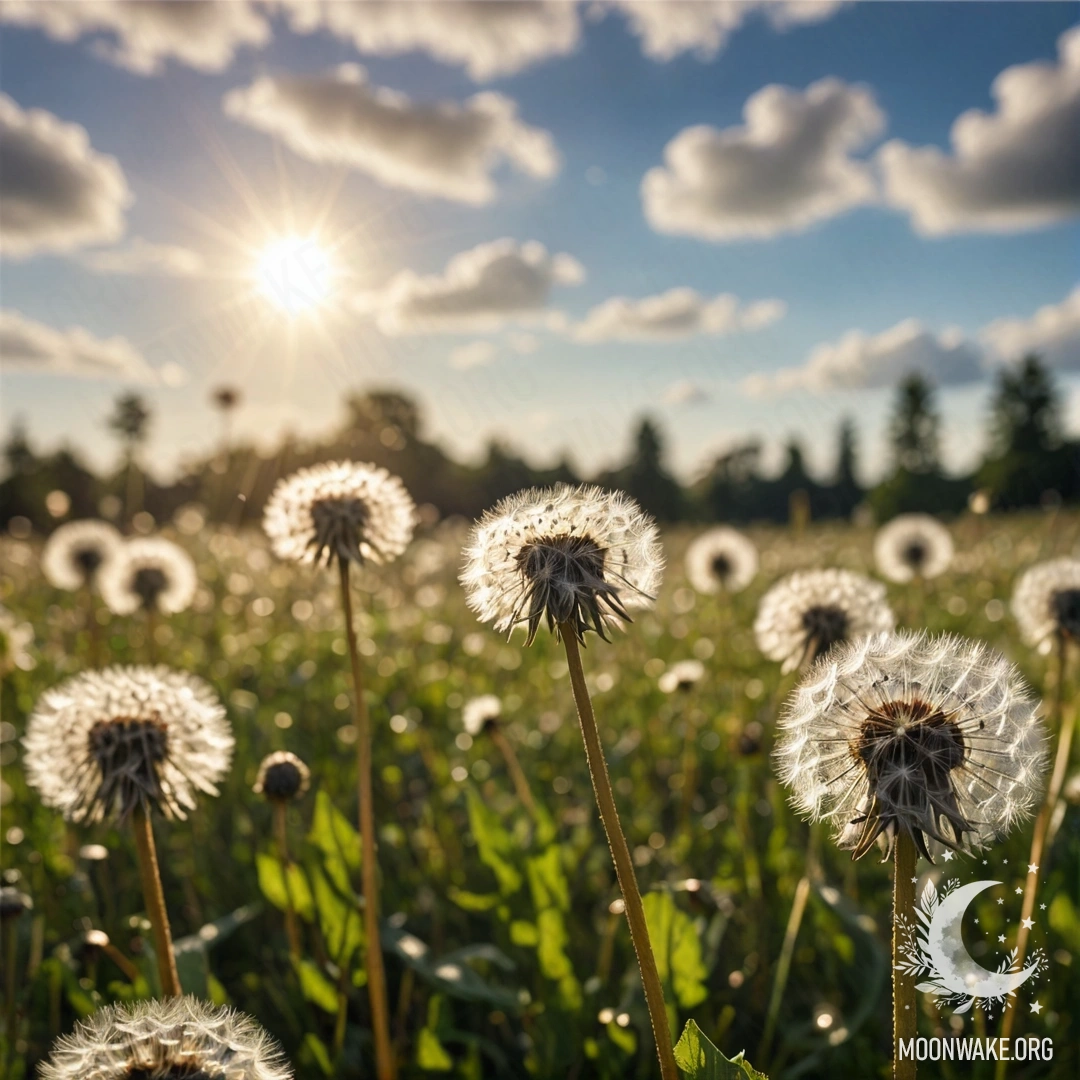 Close-up of dandelions in a romantic field against a bokeh sky with clouds and lens flares