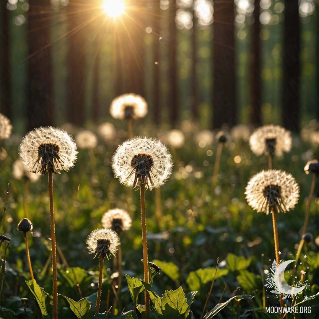 Close-up of dandelions illuminated by sun rays in a night forest