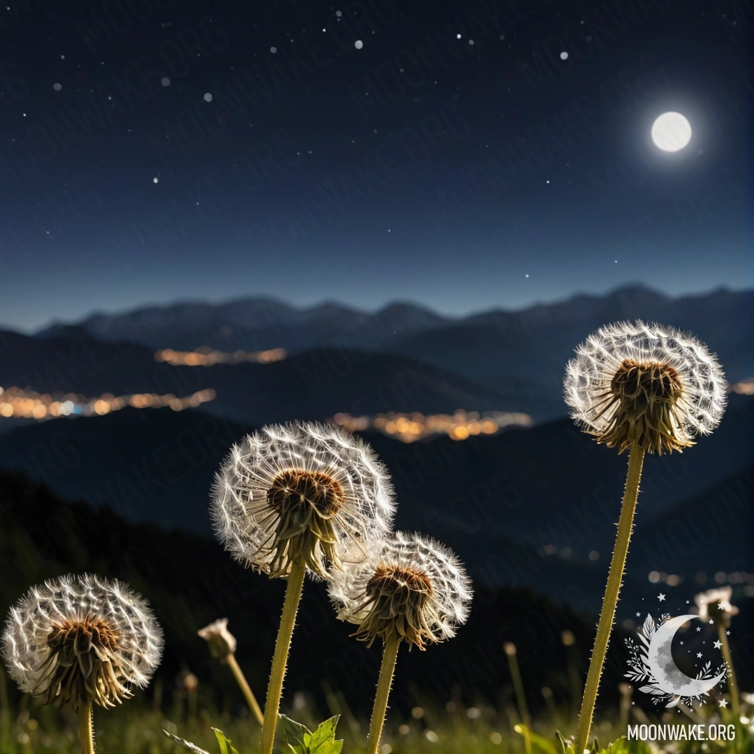 Romantic Dandelion Field at Night Close-up of dandelions with mountains in the blurry background at night.