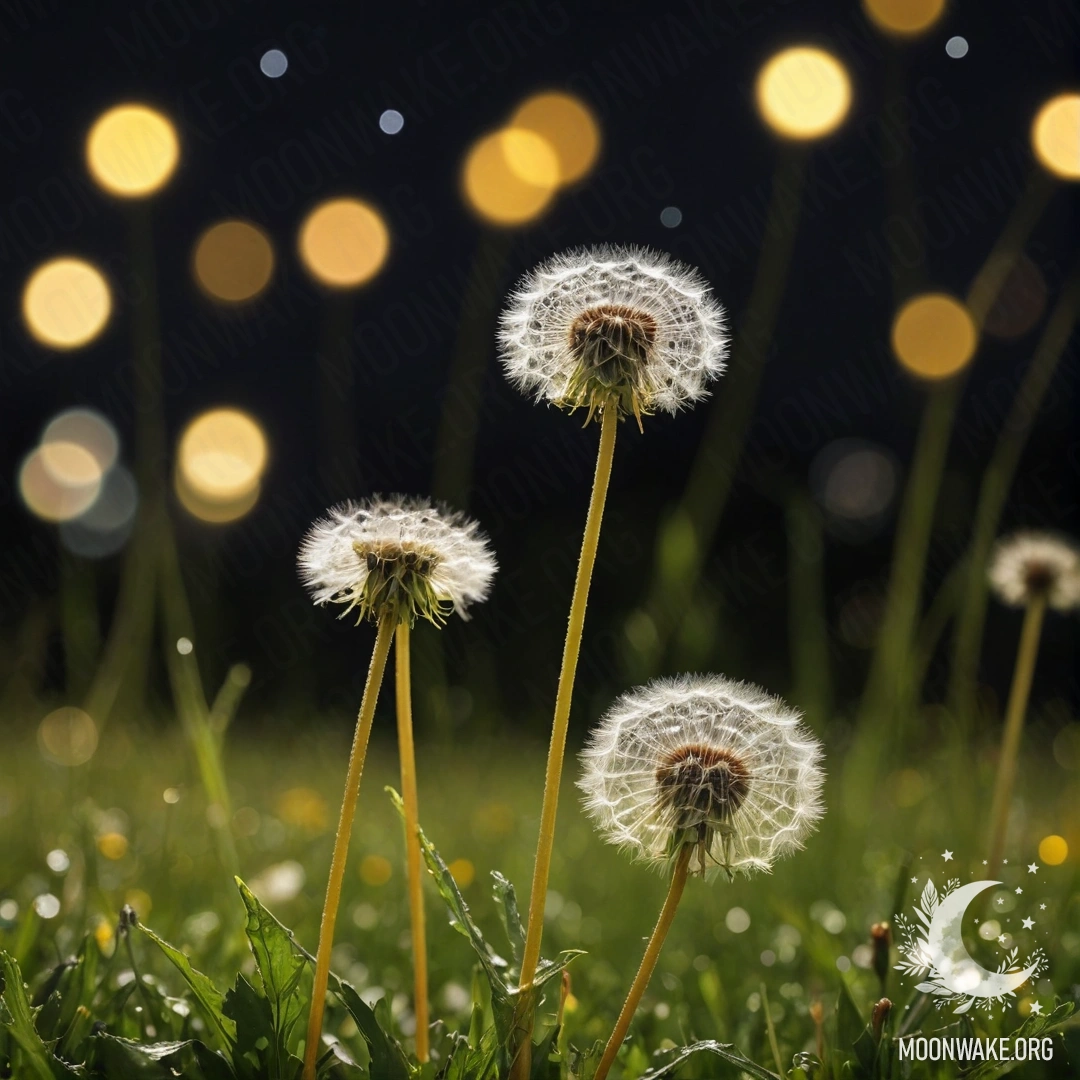 Close-up of dandelions in a field with blurred flowers at night.