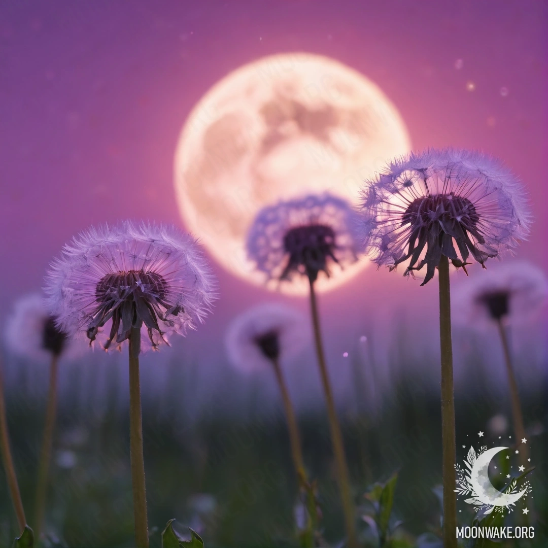 Close-up of dandelions in a field against a pink-violet sky with the moon.