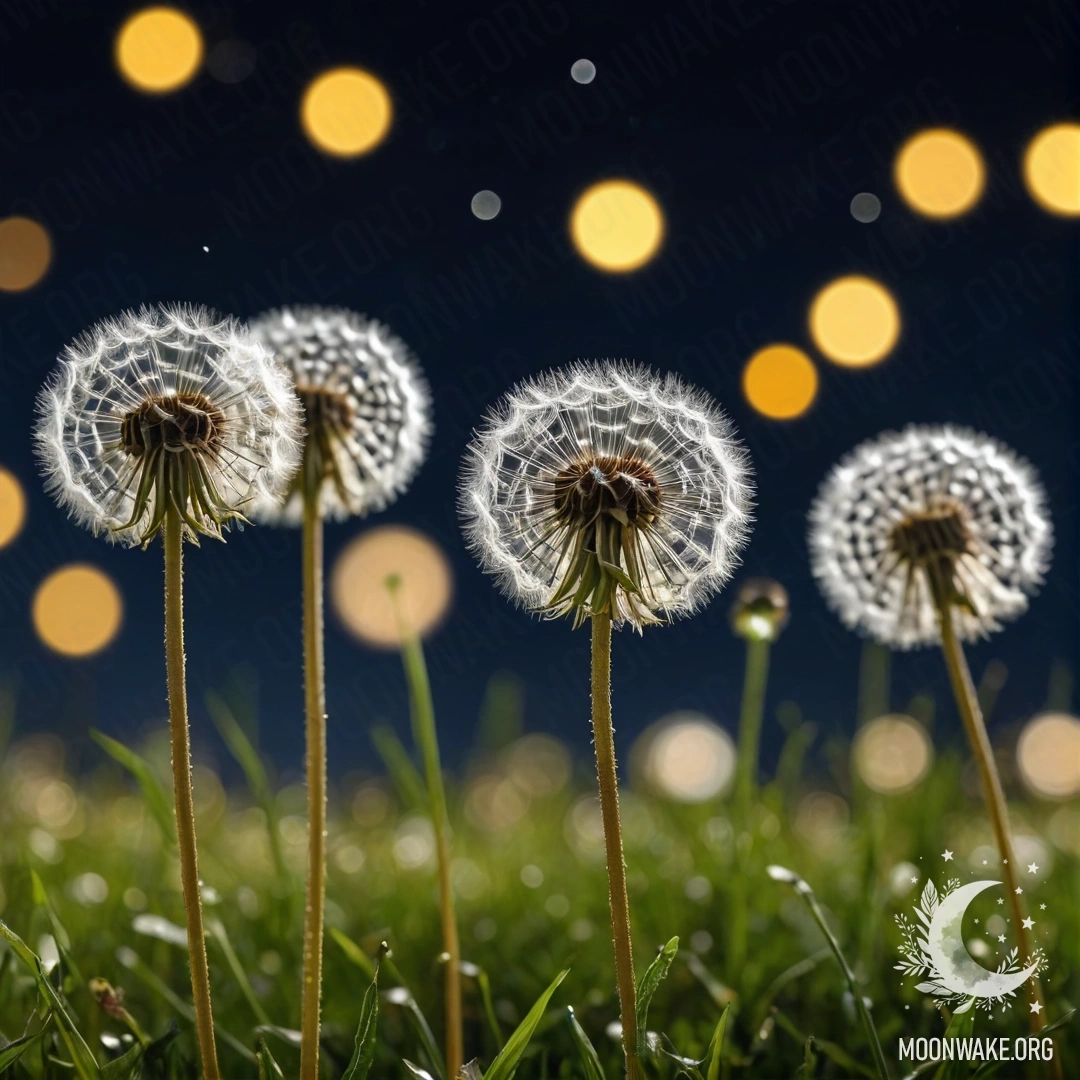 Romantic Dandelion Field at Night Close-up of dandelions in a field under a bokeh night sky.