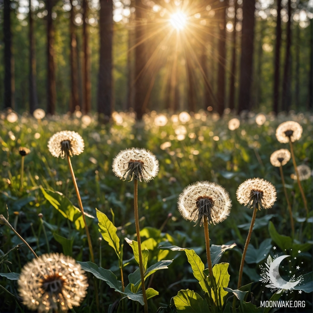 Close-up of dandelions in a romantic field against a bokeh forest with sunlight streaming through trees at sunset.