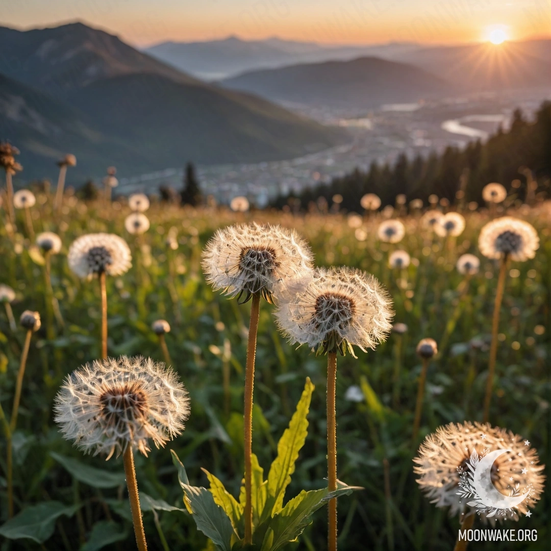 Close-up of dandelions in a romantic field with a blurry mountain backdrop during sunset.
