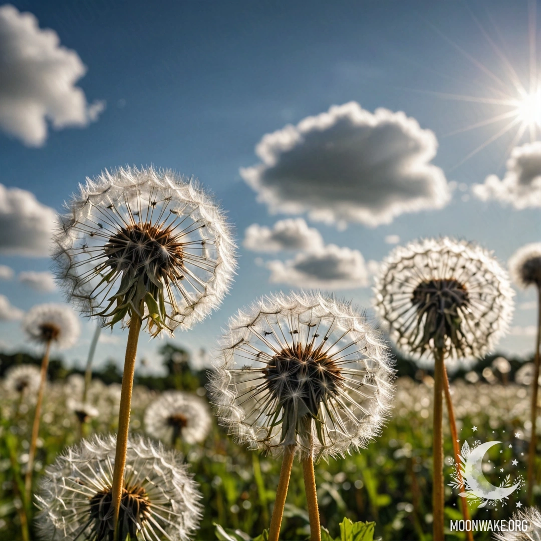 Romantic Dandelion Field Under a Bokeh Sky Close-up of dandelions against a dreamy sky with lens flares.