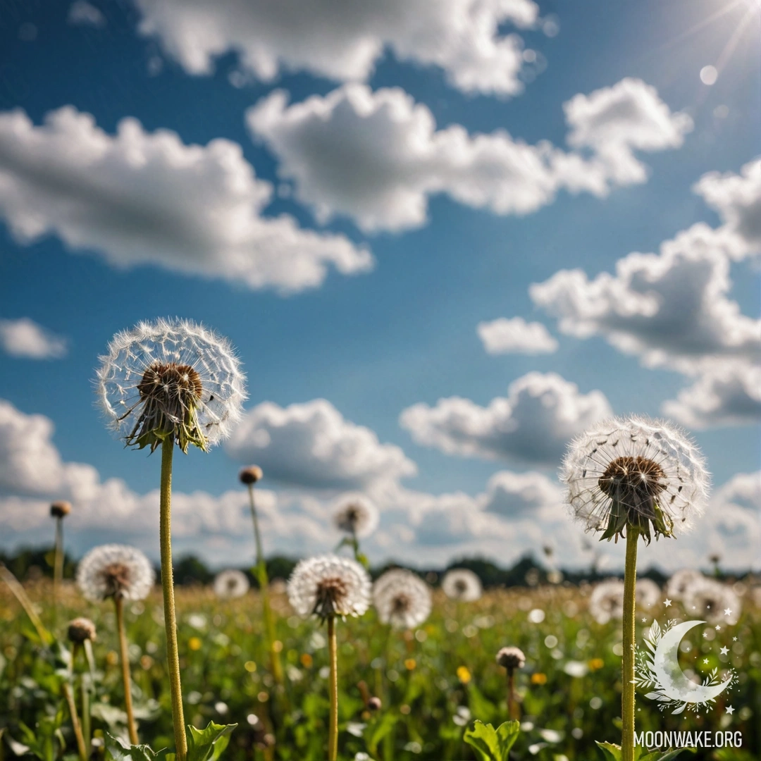 A close-up view of dandelions in a sunny field with a bokeh sky.