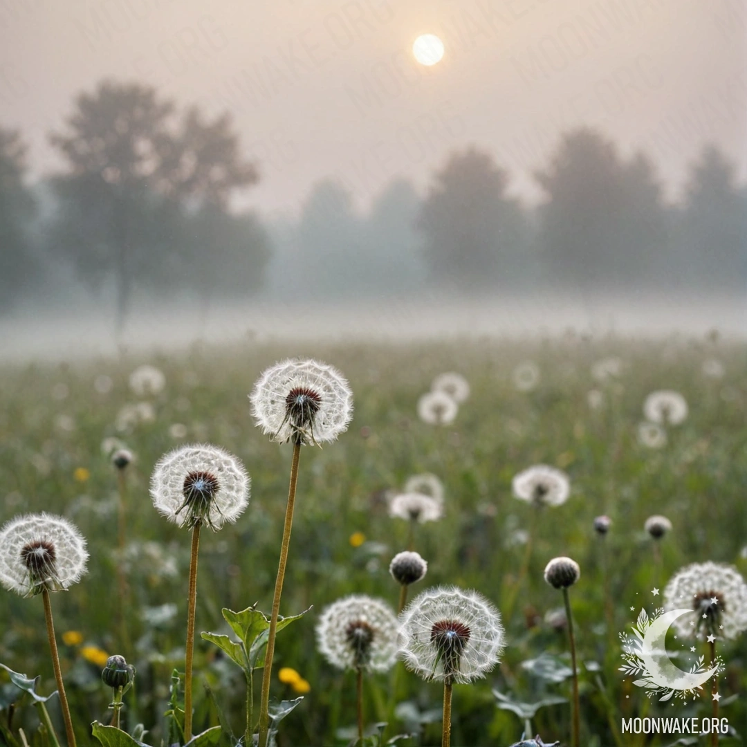 Romantic Dandelion Field in Mist Close-up of dandelions in a misty field against a bokeh sky.