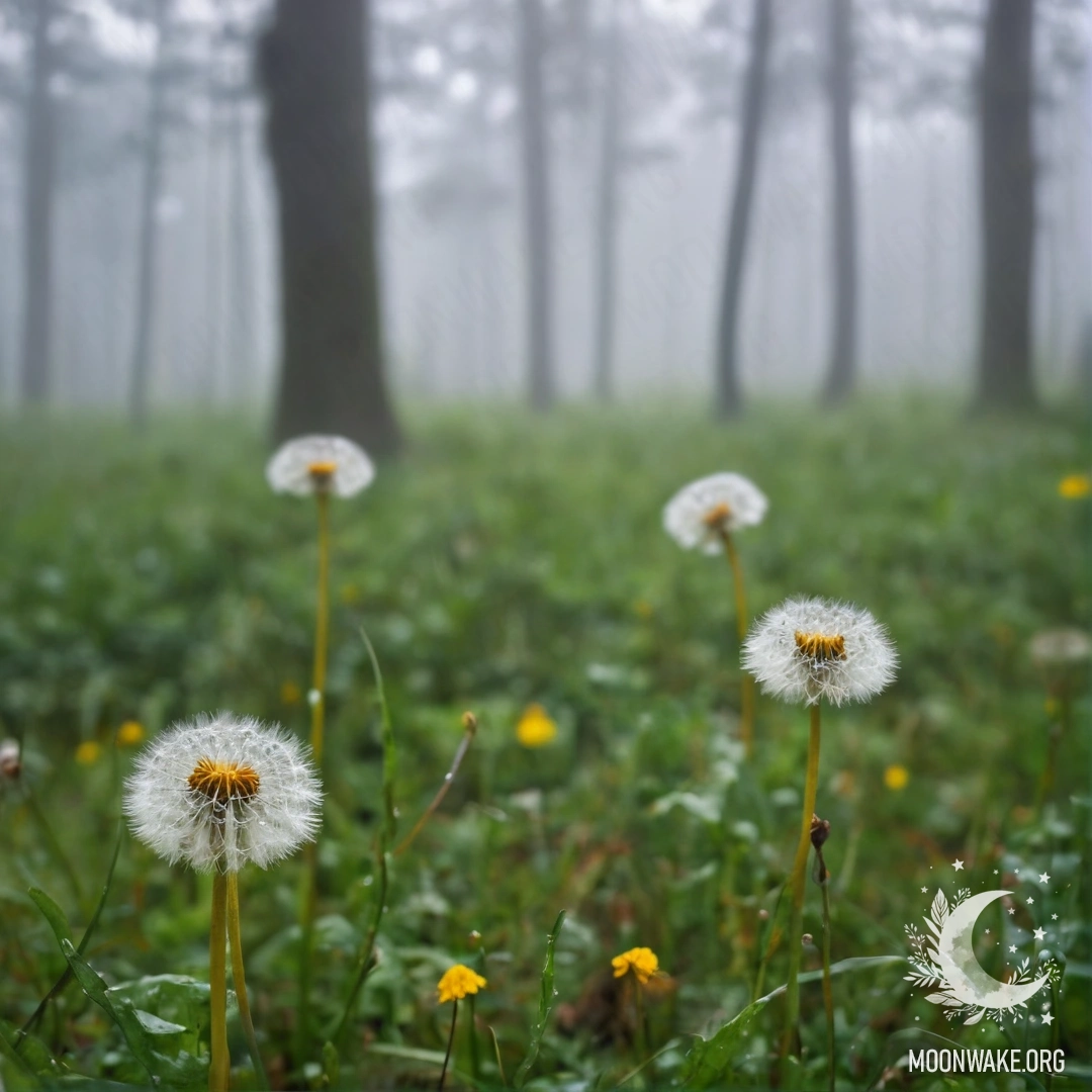 Romantic Dandelion Field in Misty Forest Close-up of dandelions in a misty field with a blurred forest background.