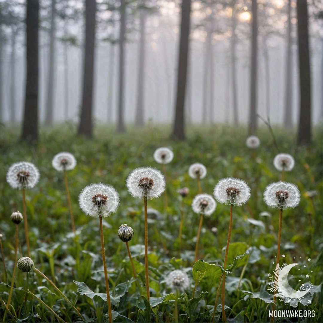 Close-up of dandelions in a romantic field surrounded by dense fog and a blurred forest background.