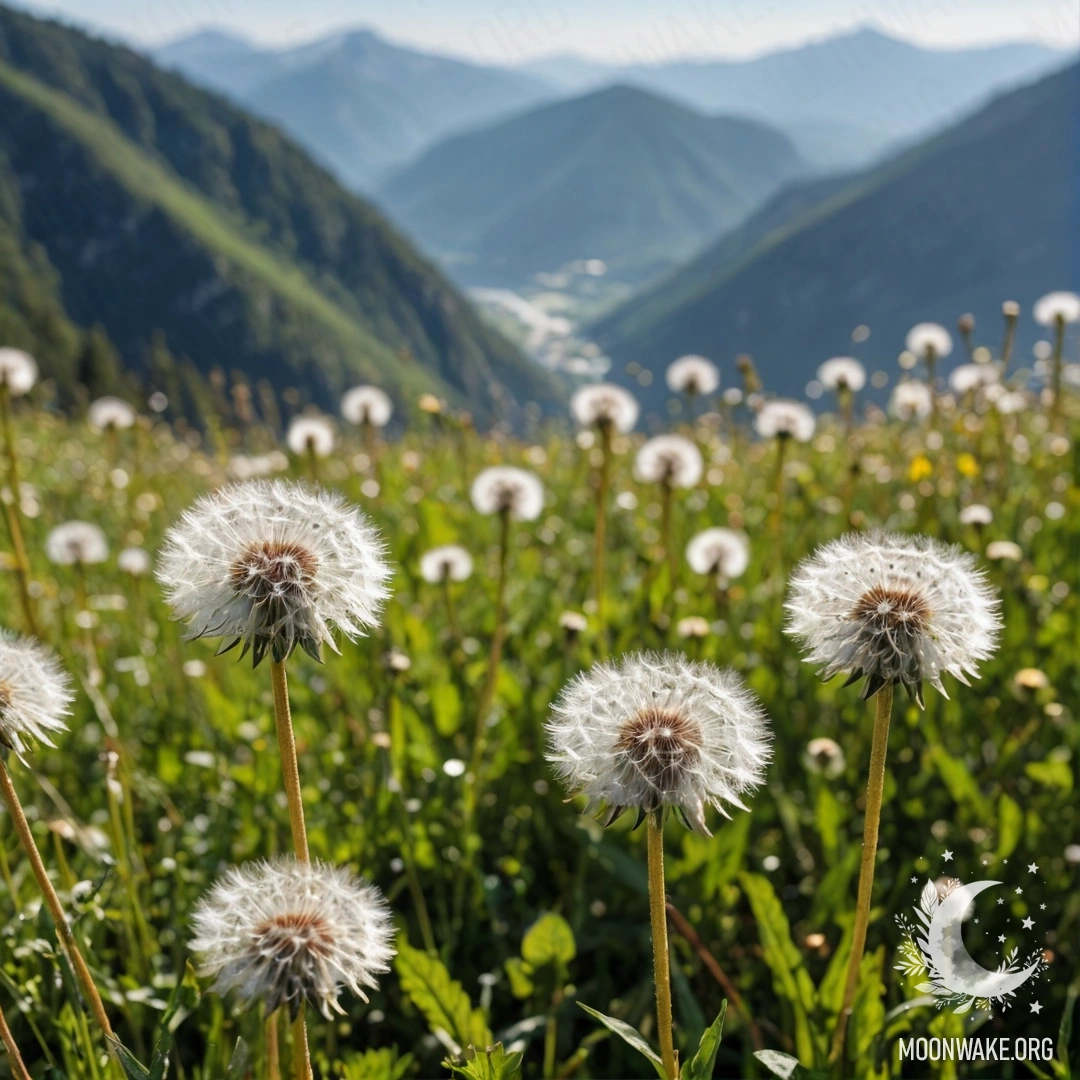 Romantic Dandelion Field with Mountain Bokeh A close-up of dandelions in a sunny field against blurred mountains in the background.