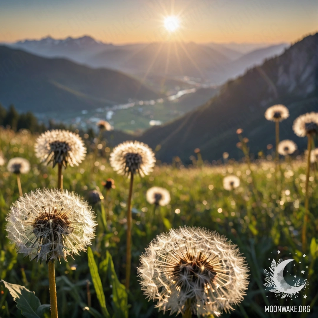 Romantic Dandelion Field with Mountain Backdrop Close-up of dandelions in a romantic field with blurred mountains behind