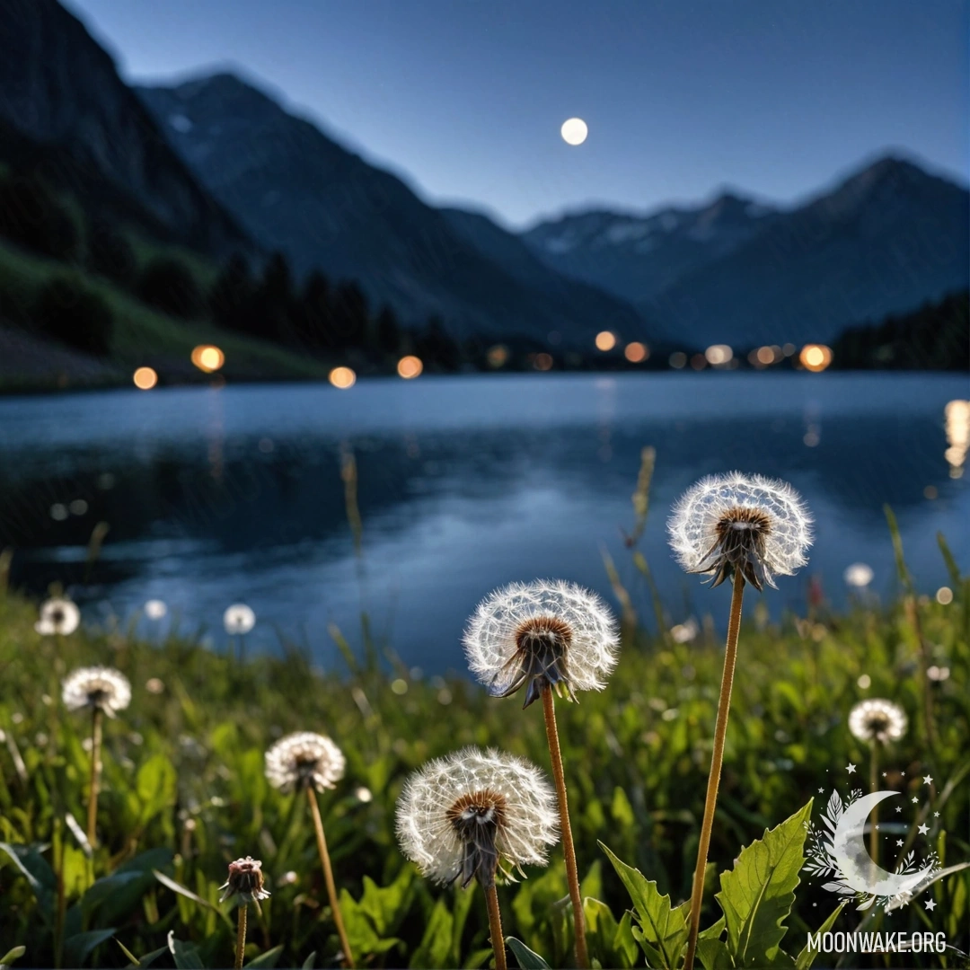 Romantic Dandelion Field at Night Close-up of delicate dandelions in a romantic field with a blurred mountain lake in the background at night.