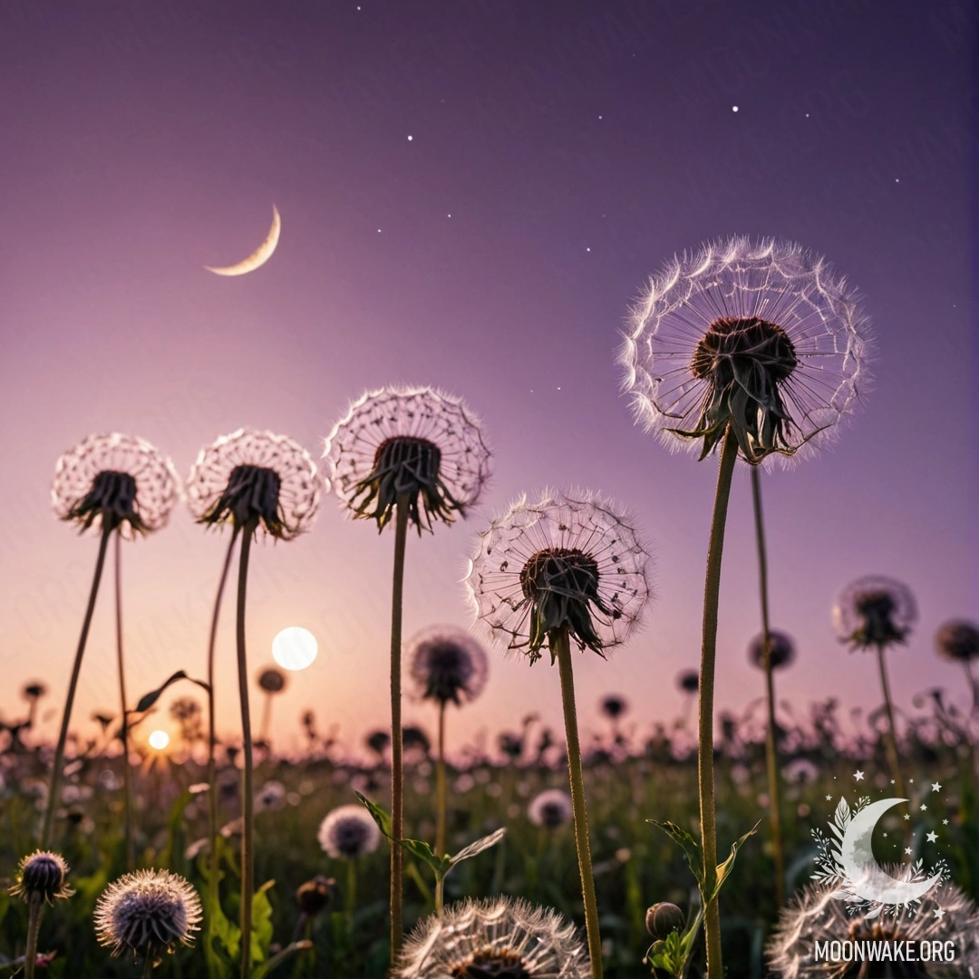 Close-up of dandelions in a romantic field with a pink and violet sky and the moon.