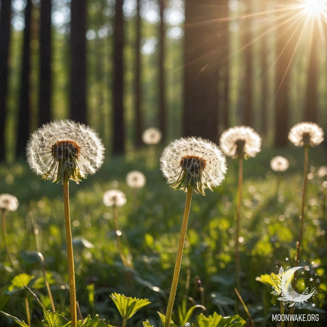 Close-up of a field of dandelions with a blurred forest in the background and sunlight filtering through the trees.