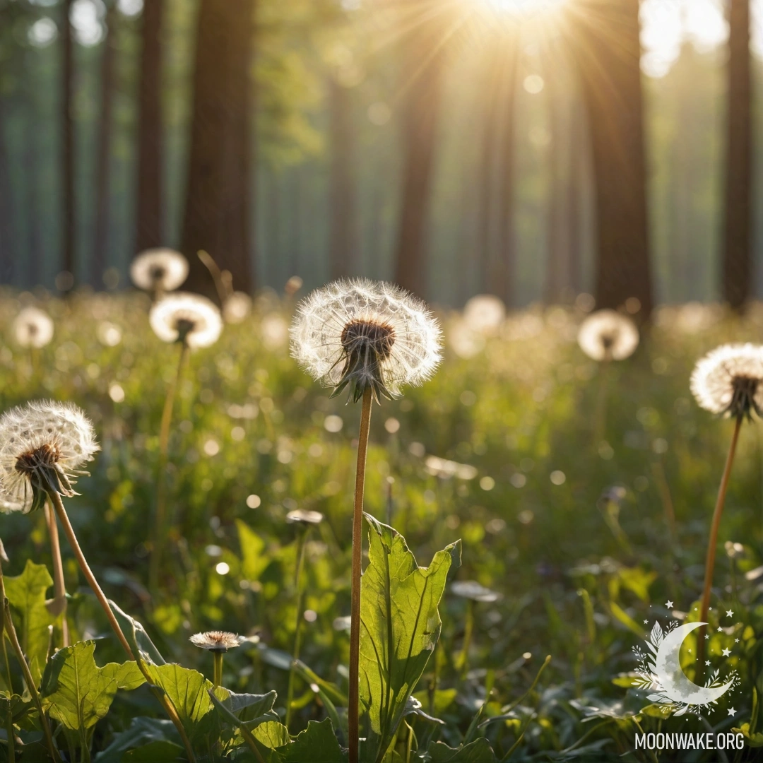 Romantic Dandelion Field with Sun Rays Close-up of dandelions in a romantic field with blurred forest background and sun rays.