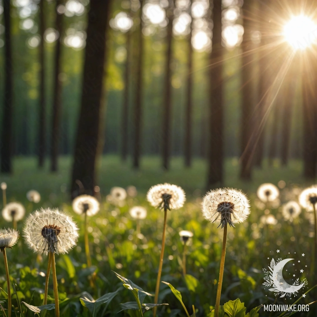 Close-up of dandelions in a romantic field with soft bokeh and sun rays