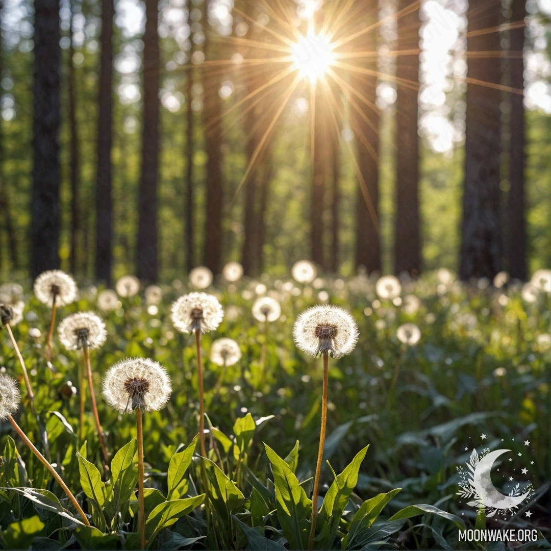 Close-up of dandelions in a field, illuminated by sun rays, with a dreamy bokeh forest in the background.