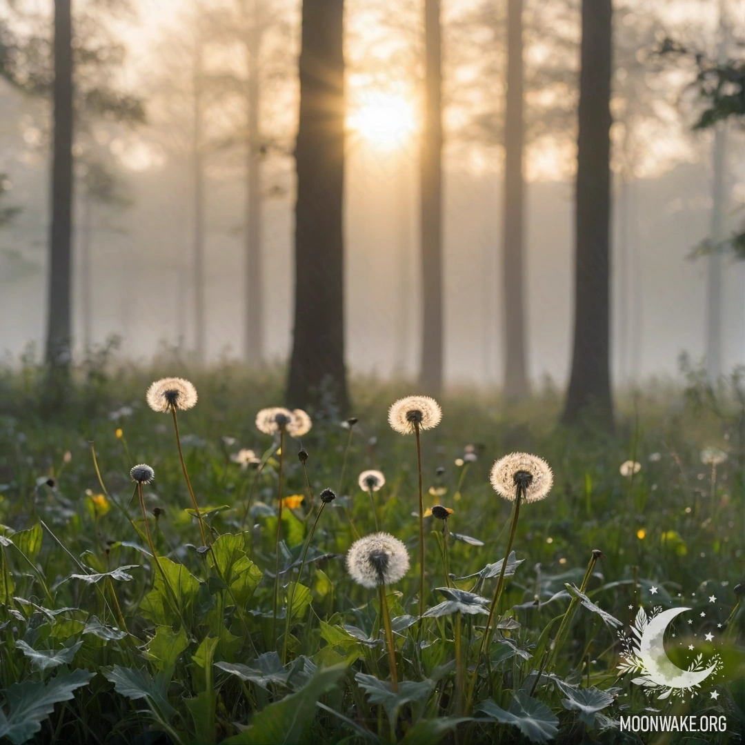 Romantic Dandelion Field with Sunlight Close-up of dandelions in a field with a blurred forest background and sunlight streaming through trees.