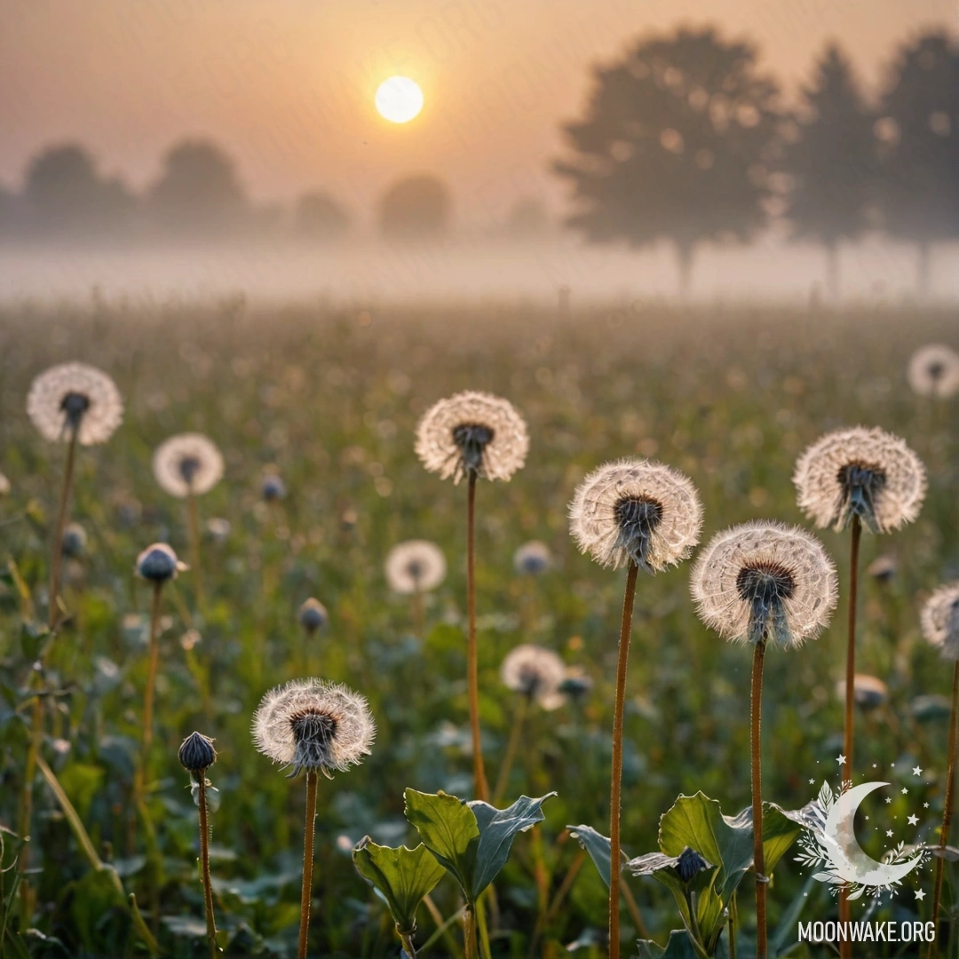 Romantic Dandelion Field at Sunset Close-up of dandelions in a foggy field during sunset.
