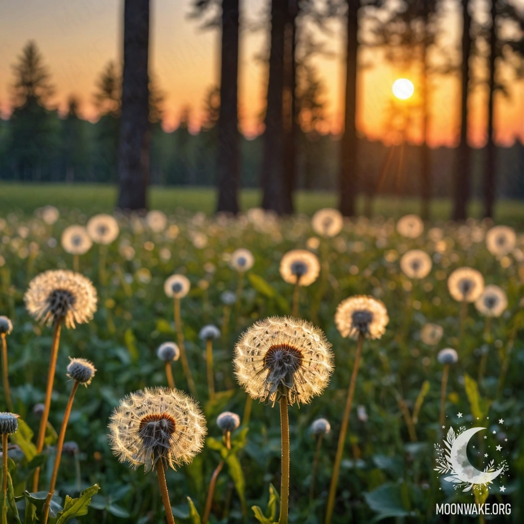 Close-up of dandelions against a softly blurred forest background at sunset.