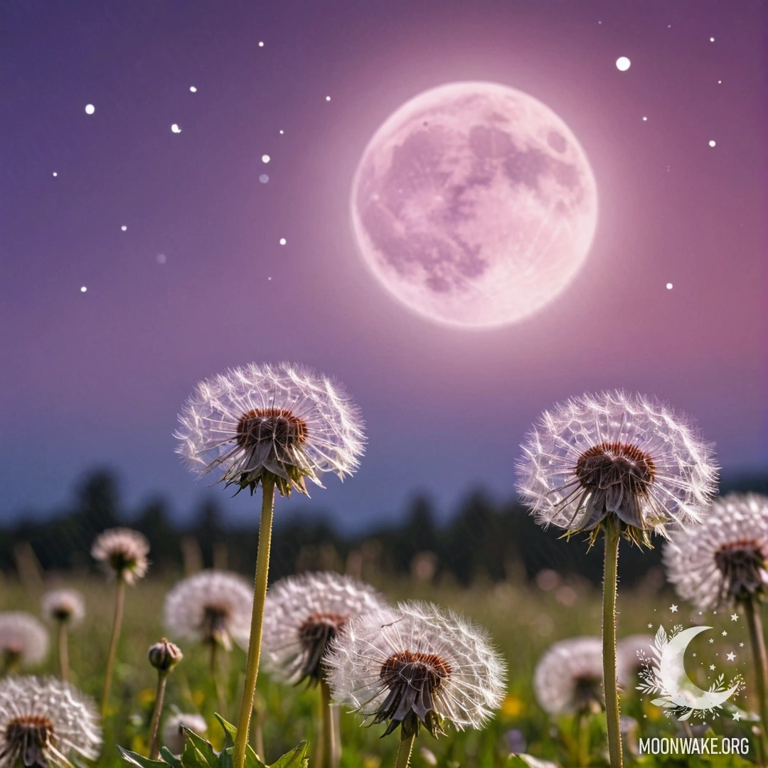 Close-up of dandelions in a romantic field against a pink violet sky and moon