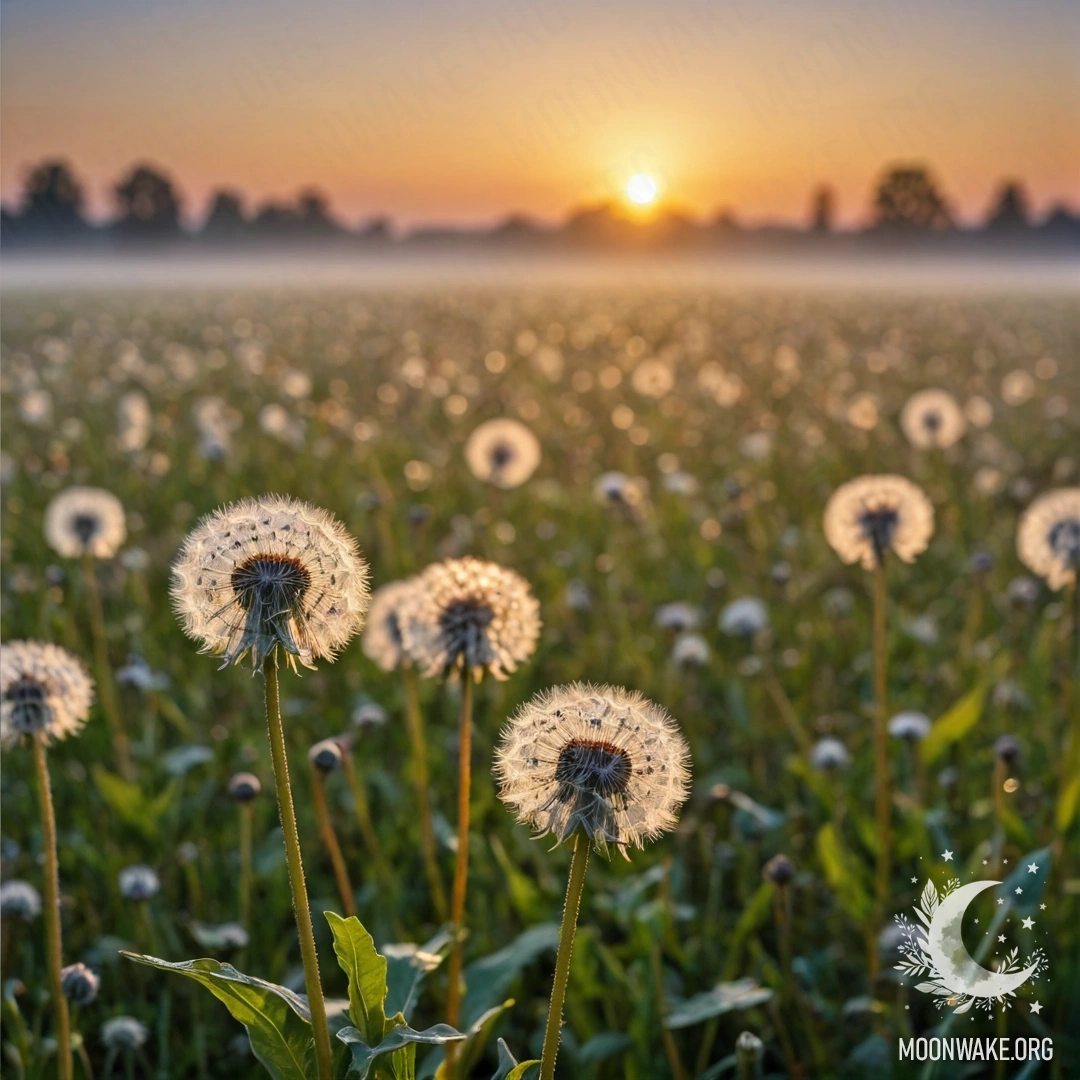 Close-up of dandelions in a foggy field during sunset