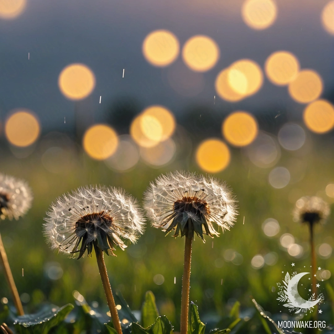 Close-up of dandelions in a field with a bokeh sunset background, under rain.