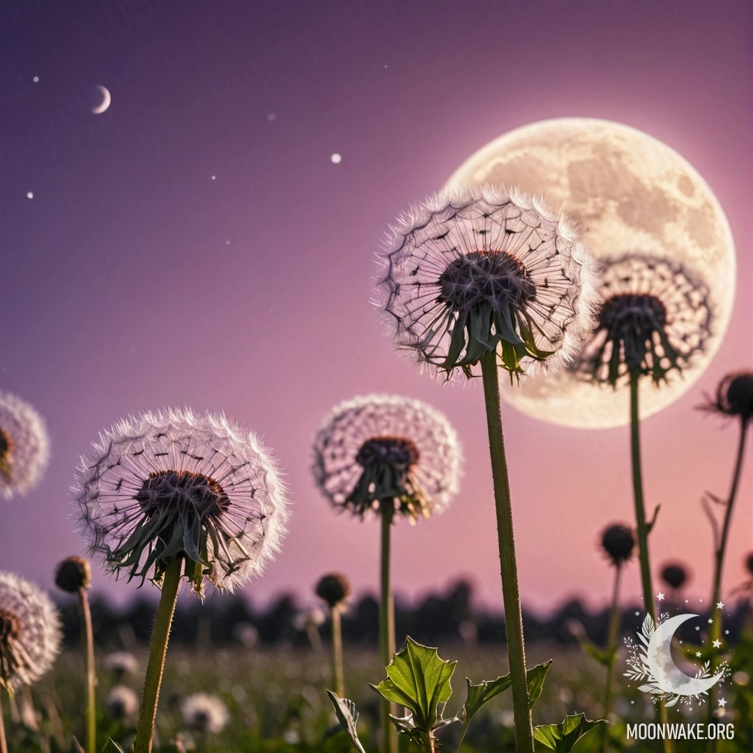 Close-up of dandelions in a field with a pink violet sky and moon.