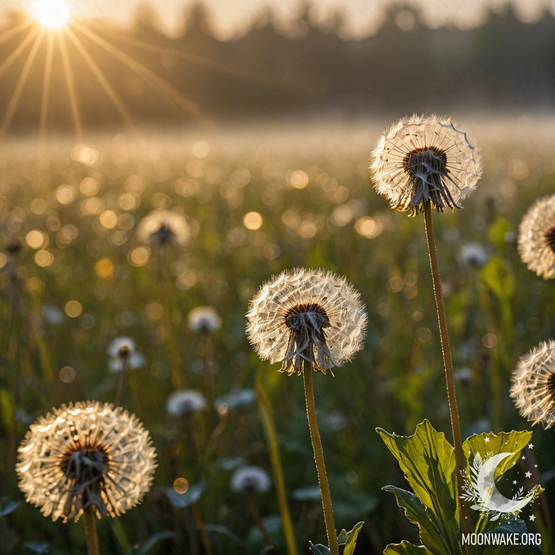 Close-up of dandelions in a field with a foggy sunset and sun rays.