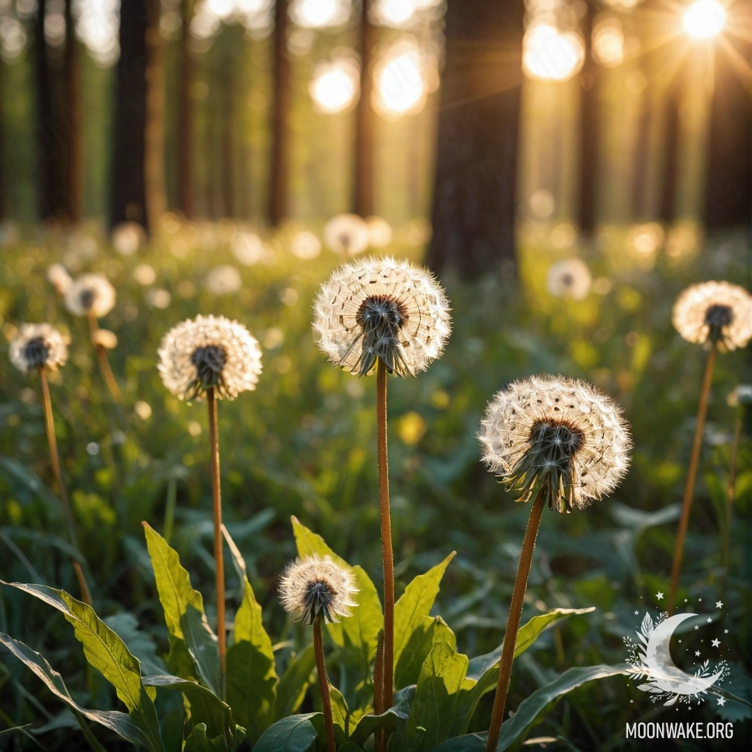 Close-up of dandelions in a romantic field with a blurred forest in the background and sun rays filtering through at sunset.