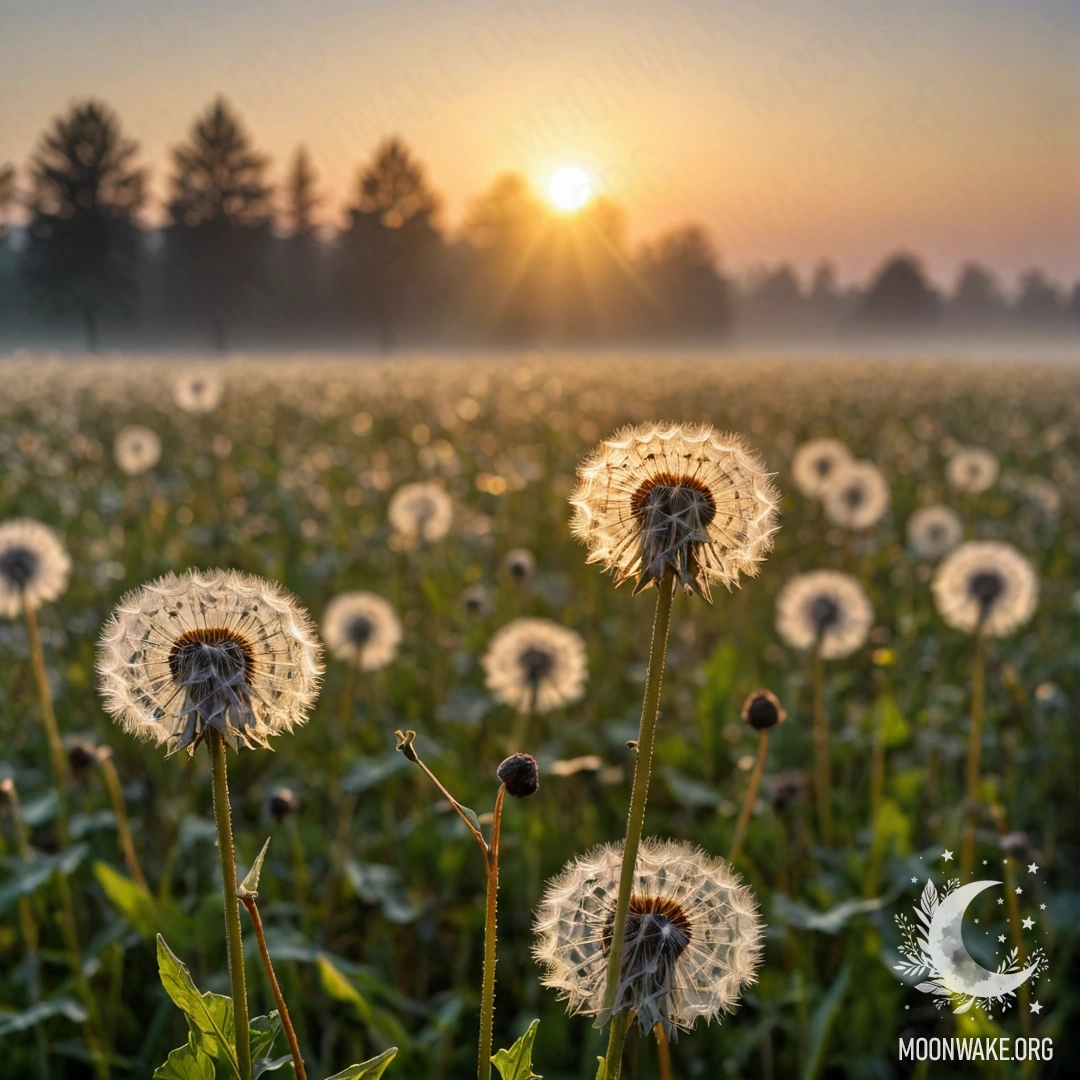 Close-up of dandelions in a foggy field at sunset with sun rays.